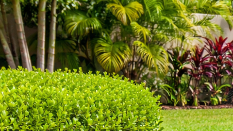 Iguana verde en el jardín de una casa en Florida junto a un aspersor activado para ahuyentar reptiles
