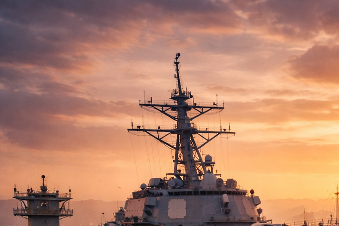 Buque de guerra atracado en la Base Naval del Callao durante el atardecer, uno de los principales puntos estratégicos del Pacífico sudamericano.