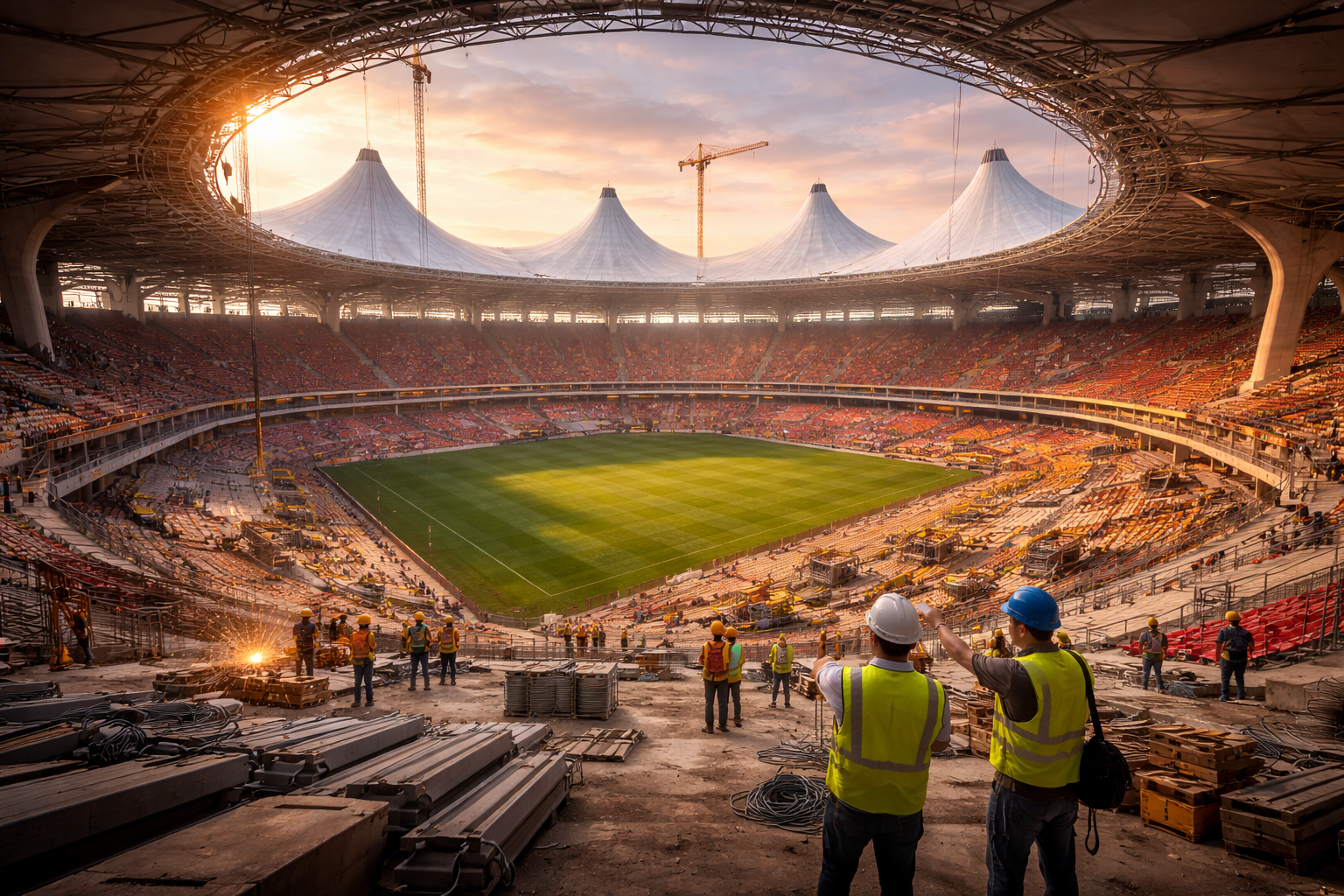 Grand Stade Hassan II – World’s Largest Football Stadium Under Construction in Morocco Vista interior del estadio más grande del mundo en construcción, con obras avanzadas y campo de juego rumbo al Mundial 2030