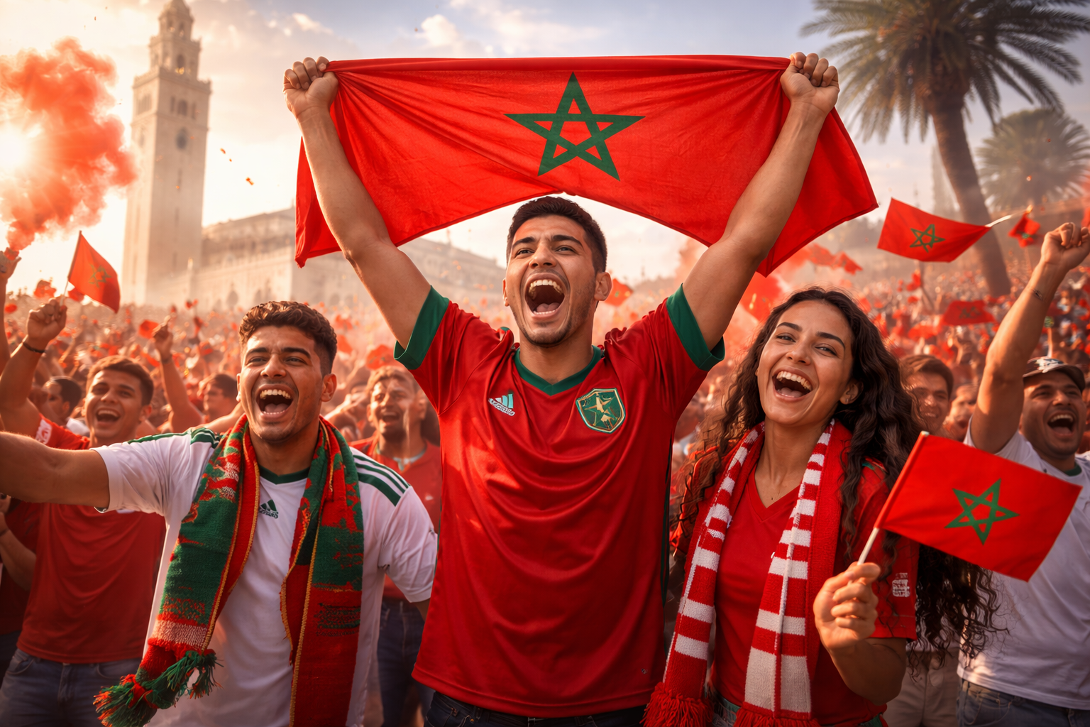 Hinchas de Marruecos celebran un partido de fútbol con banderas nacionales en una ciudad marroquí