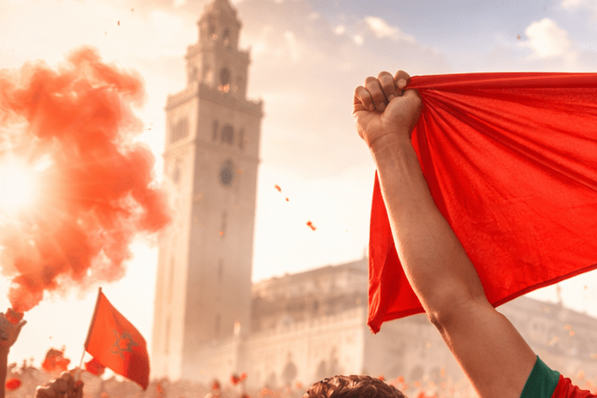 Hinchas de Marruecos celebran un partido de fútbol con banderas nacionales en una ciudad marroquí