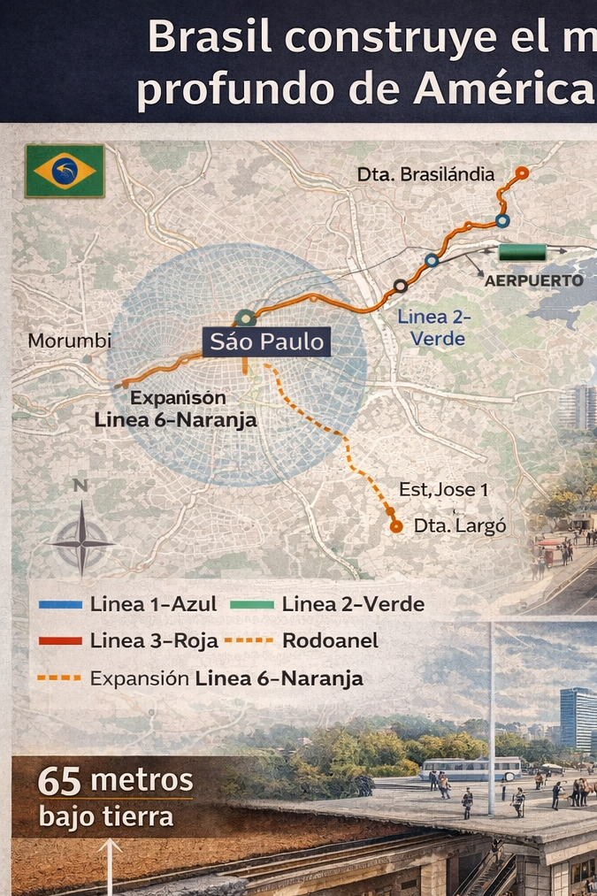 Infografía del metro de São Paulo con estaciones a 65 metros de profundidad