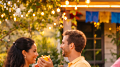 Familia latina reunida en una comida al aire libre con música y celebración