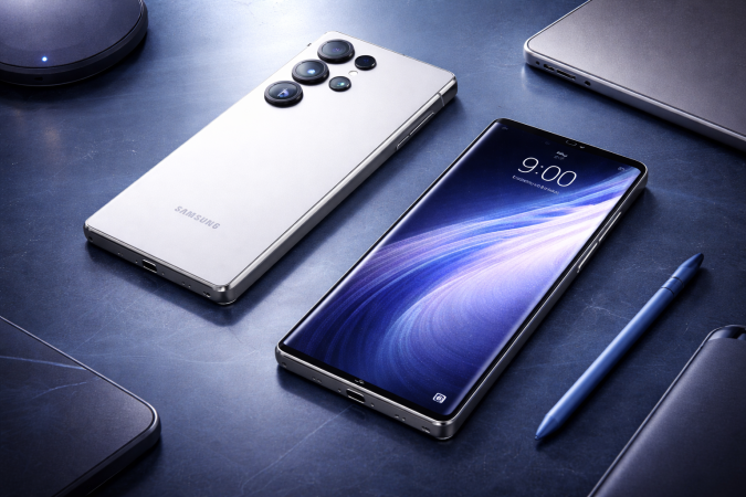 Samsung Galaxy S26 Ultra diseño premium y tecnología de punta Dos teléfonos Samsung Galaxy S26 Ultra, uno mostrando la pantalla y otro la parte trasera con cámara cuádruple, sobre fondo azul moderno