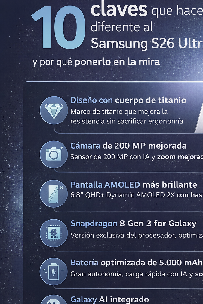 Infografía vertical en español con diseño oscuro que resume las 10 claves del Samsung Galaxy S26 Ultra, desde el diseño hasta la inteligencia artificial integrada.