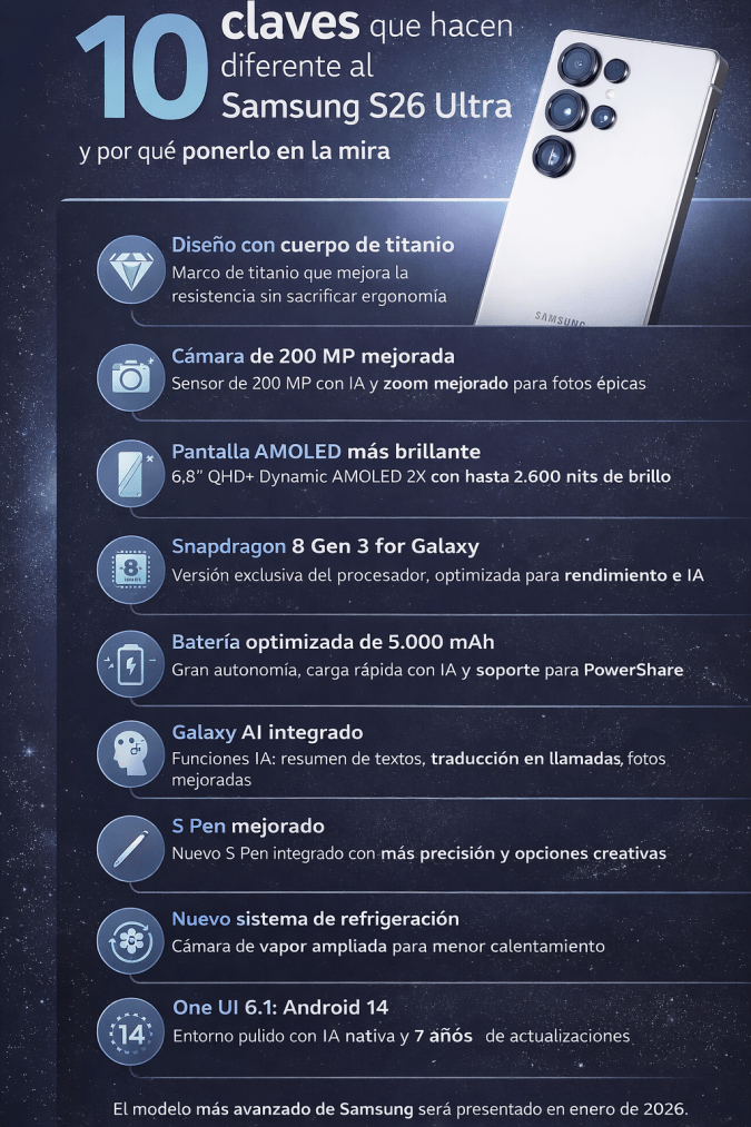 Infografía: 10 claves del Galaxy S26 Ultra que lo hacen único Infografía vertical en español con diseño oscuro que resume las 10 claves del Samsung Galaxy S26 Ultra, desde el diseño hasta la inteligencia artificial integrada.