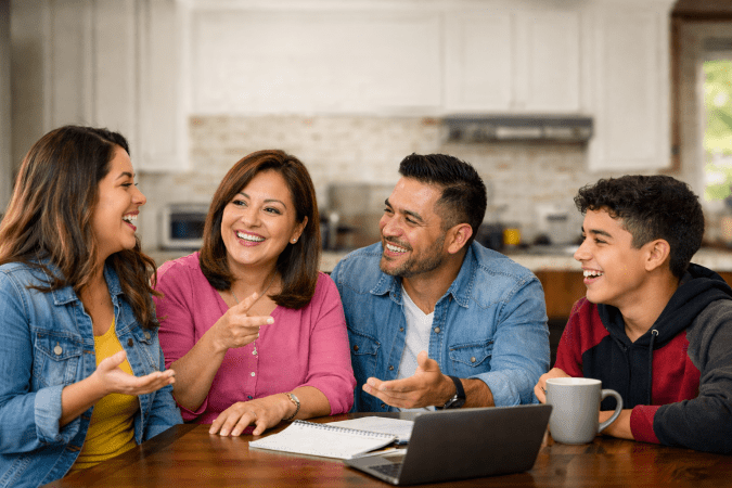 Familia latina conversando en español e inglés en una cocina de Estados Unidos, ejemplo cotidiano de spanglish