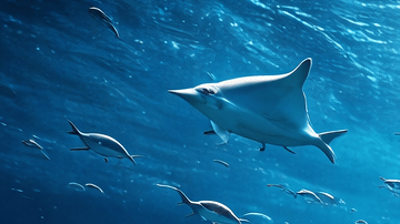 Ilustración de un tren submarino futurista viajando a alta velocidad bajo el océano Atlántico