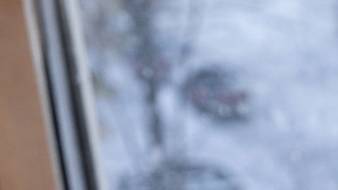 Persona con guantes de lana busca información sobre la nieve en Estados Unidos desde su celular frente a una ventana con nieve.