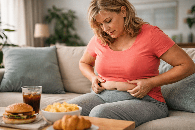 Mujer mayor de 40 años observando grasa abdominal en casa, cambios metabólicos asociados a la edad