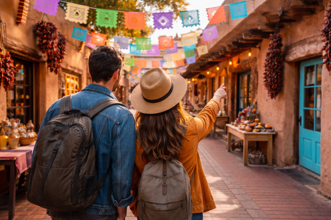 Pareja recorriendo un pueblo histórico del suroeste, opción de escapada urbana barata cerca de El Paso