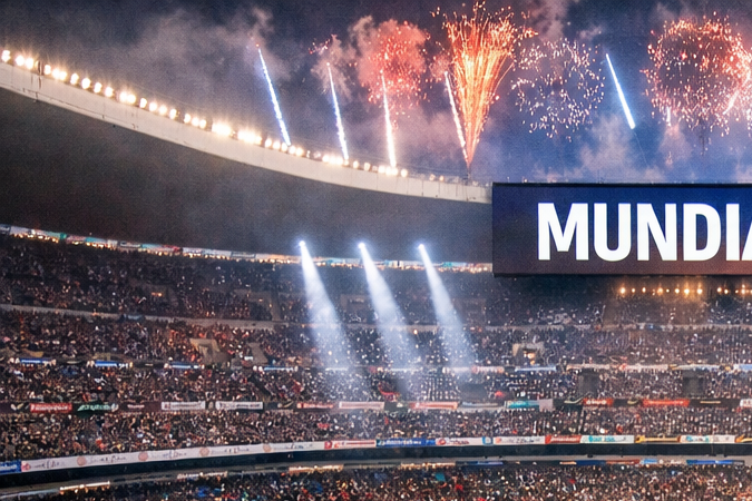 Estadio lleno durante un partido del Mundial 2026 con selecciones formadas y ambiente de inauguración
