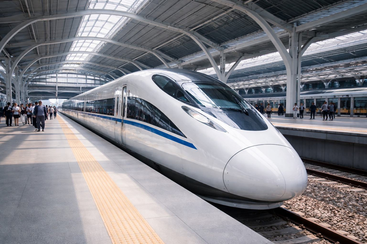 Tren bala de alta velocidad detenido en una estación moderna, ejemplo del sistema ferroviario avanzado en China.