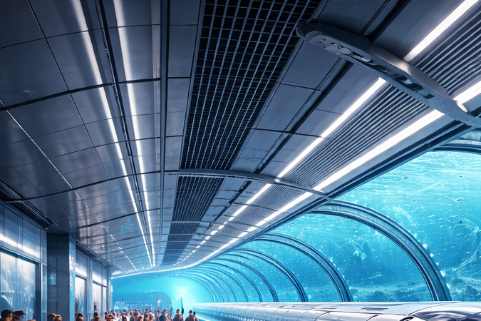 Estación submarina futurista con tren ultrarrápido y pasajeros bajo el océano Atlántico