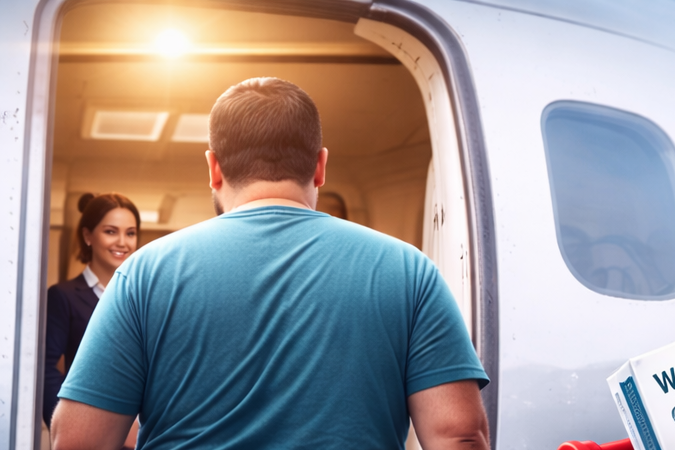 Pasajero con sobrepeso abordando un avión junto a un carrito con pastillas para adelgazar, dinero en efectivo y una manguera de combustible en plano.