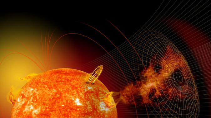 Ilustración artística de una tormenta solar: las erupciones y eyecciones de masa coronal pueden afectar satélites y redes eléctricas en la Tierra.