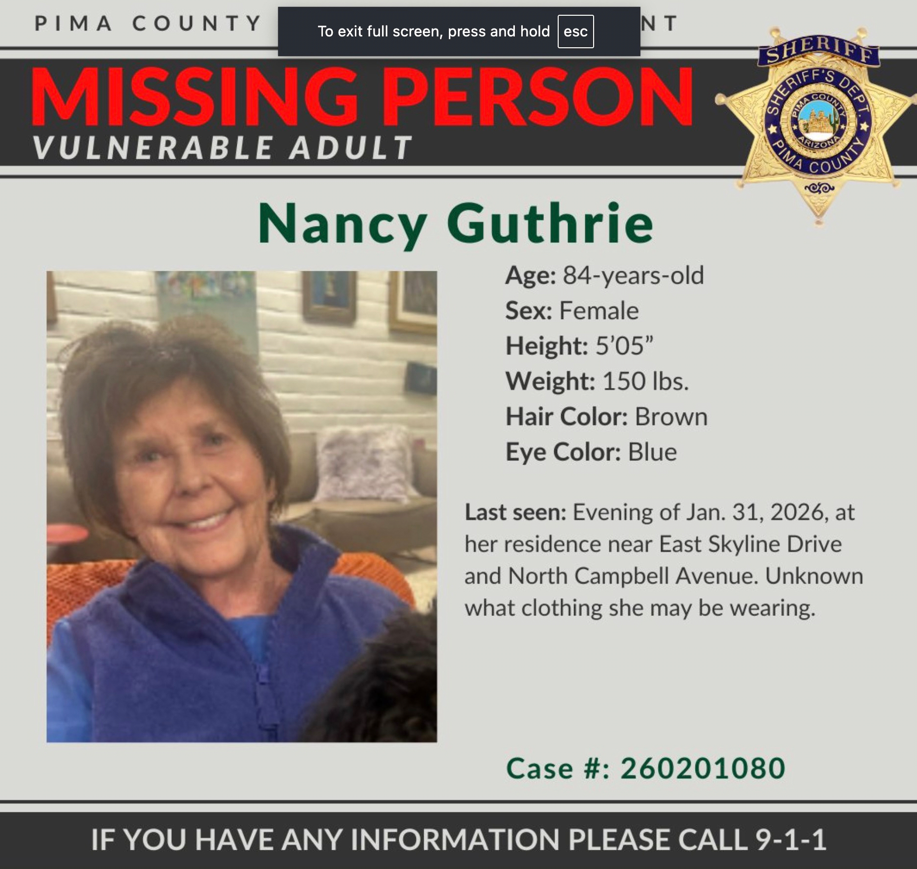 Nancy Guthrie cumple seis meses desaparecida; investigación sigue sin detenidos