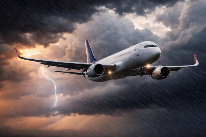 Avión comercial volando en tormenta y turbulencias aéreas Avión comercial volando en medio de una tormenta con nubes densas y actividad eléctrica.