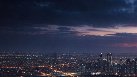 Estadio futurista de gran escala con iluminación nocturna y diseño arquitectónico moderno en una ciudad latinoamericana.