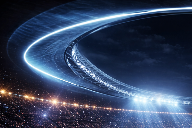 Interior de estadio moderno con iluminación nocturna, miles de espectadores y arquitectura futurista.