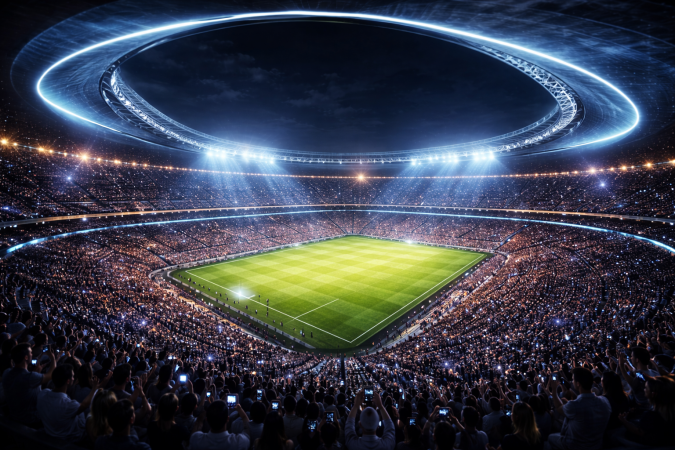 Estadio Nacional de El Salvador Interior de estadio moderno con iluminación nocturna, miles de espectadores y arquitectura futurista.