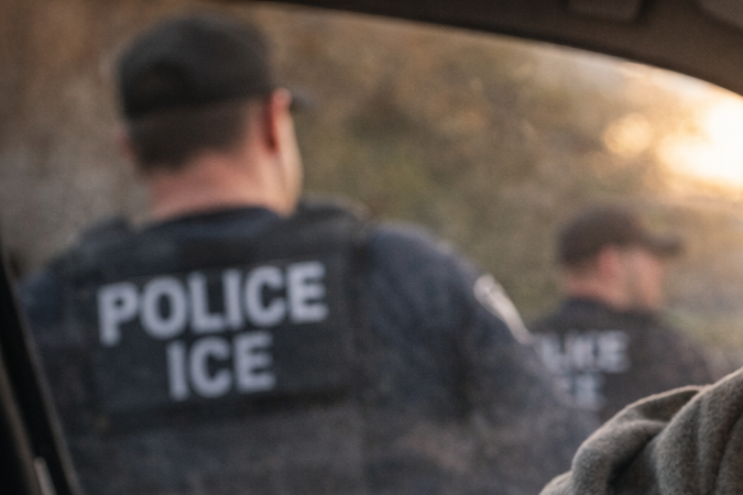 Inmigrante latino angustiado dentro de su auto ante la presencia de agentes migratorios en Estados Unidos.