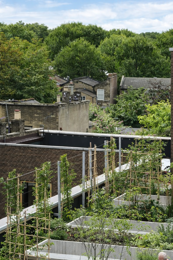 Jardines y terrazas accesibles en vivienda europea para mayores Adulto mayor camina con bastón por un jardín en la azotea de un edificio residencial europeo.
