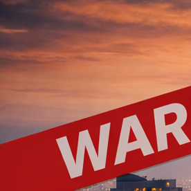 Vista del skyline de Los Ángeles al atardecer con cartel de venta de vivienda en primer plano.