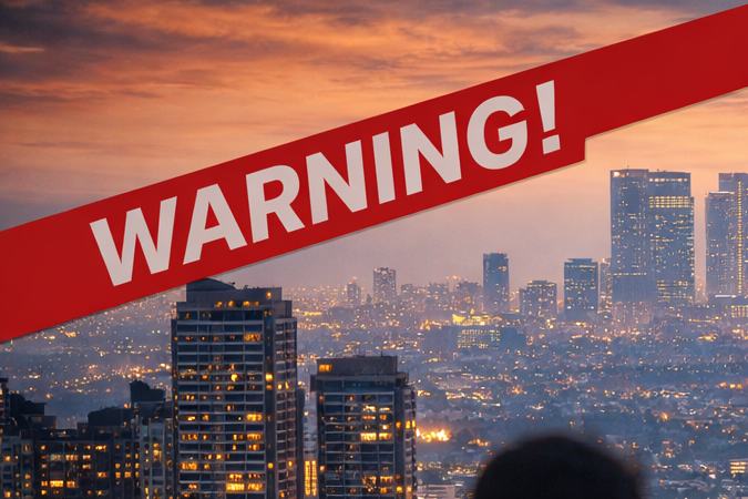 Vista del skyline de Los Ángeles al atardecer con cartel de venta de vivienda en primer plano.