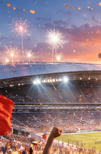 Ambiente exterior de un estadio en Estados Unidos durante el Mundial 2026, con público y clima de evento internacional.