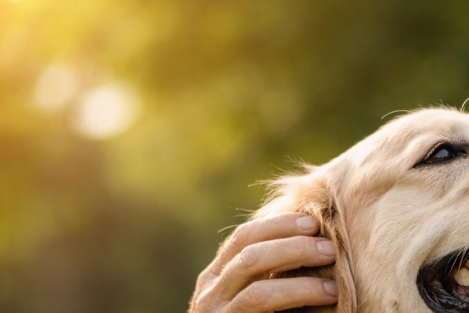 Hombre mayor acariciando a su perro golden retriever en un parque al aire libre