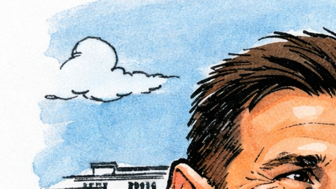 Ilustración estilo caricatura de Lionel Messi con la MLS Cup junto a Donald Trump frente a la Casa Blanca