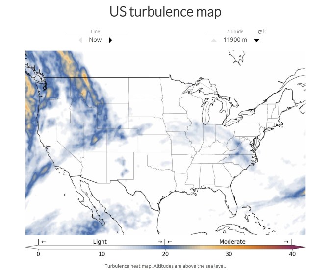 Las zonas con más turbulencias en EEUU Mapa de calor de turbulencia. Las altitudes están sobre el nivel del mar.