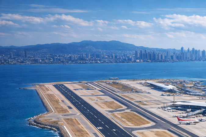 Render del aeropuerto flotante de Dalian terminado con aviones operando sobre isla artificial en el mar