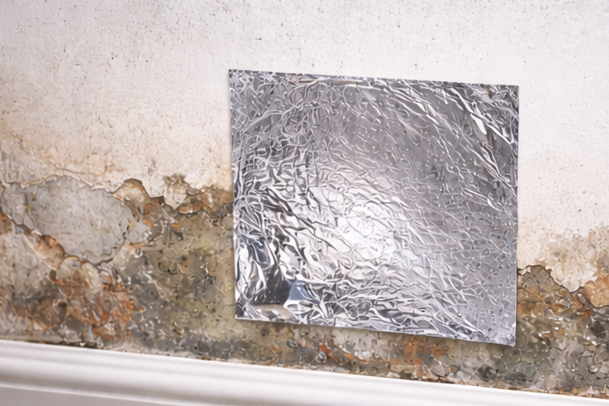 Persona colocando papel aluminio en una pared con humedad para detectar filtración o condensación