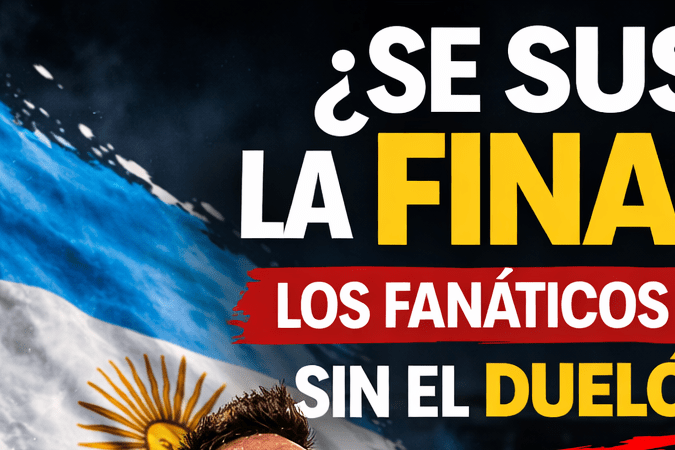 Trofeo de la Finalissima entre las banderas de Argentina y España en un estadio, representando el duelo entre los campeones de América y Europa