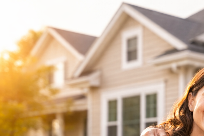 Familia latina celebrando la compra de su primera casa frente a una vivienda en Estados Unidos
