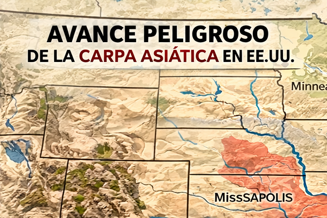 Mapa de Estados Unidos que muestra la expansión de la carpa asiática desde el río Mississippi hacia los Grandes Lagos