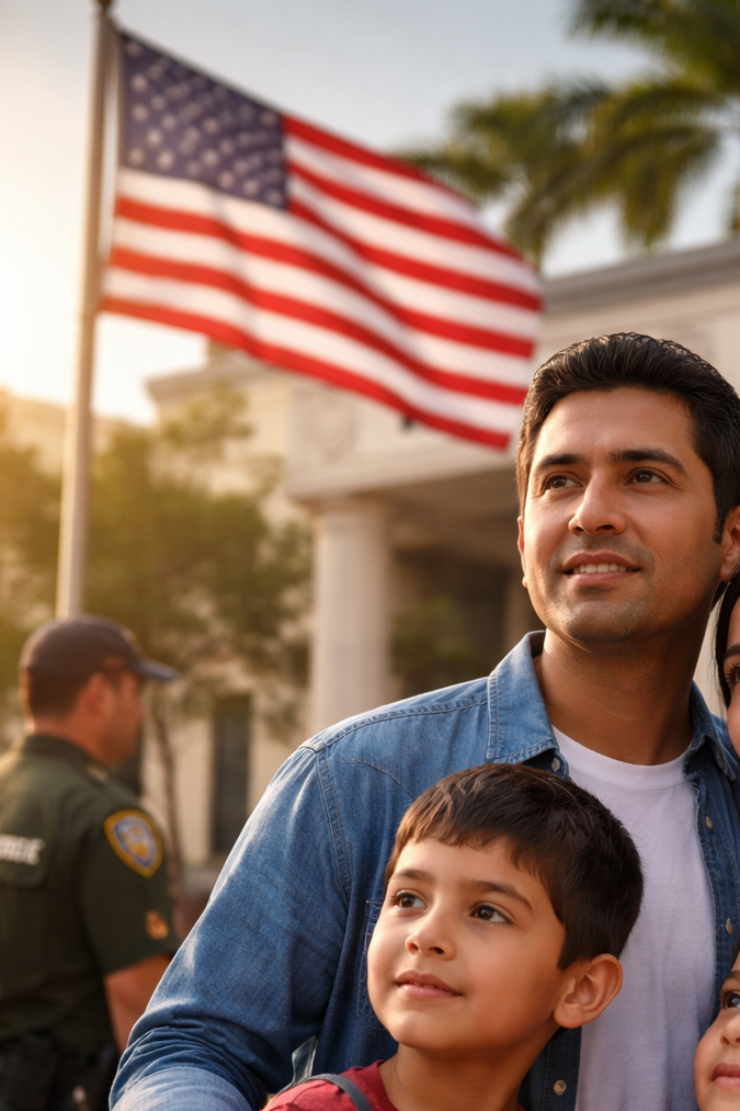 Familia latina en Estados Unidos frente a edificio gubernamental con bandera estadounidense
