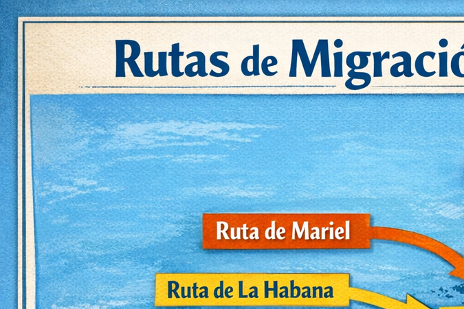 Mapa de las rutas de migración desde Cuba hacia Florida con los principales puntos de salida y trayectos por el estrecho de Florida