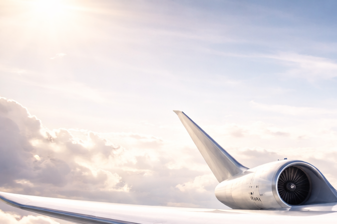 Avión futurista de ala fusionada volando sobre las nubes con diseño aerodinámico integrado.