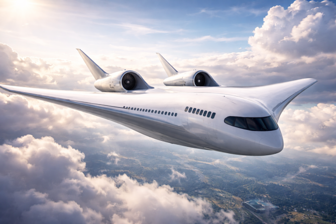 Avión futurista de ala fusionada volando sobre las nubes con diseño aerodinámico integrado.