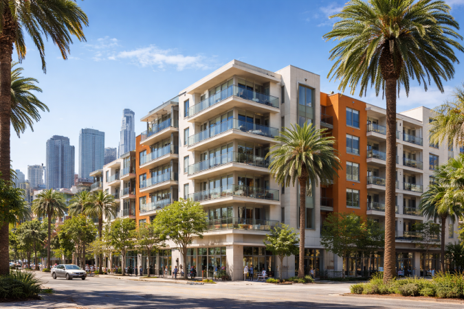 Edificio moderno de apartamentos en California con palmeras y skyline urbano al fondo