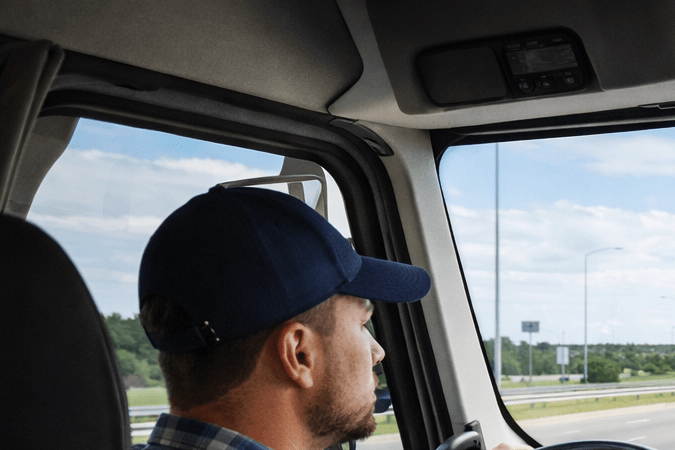 Persona conduciendo un camión con instructor en una autopista de Texas durante entrenamiento CDL
