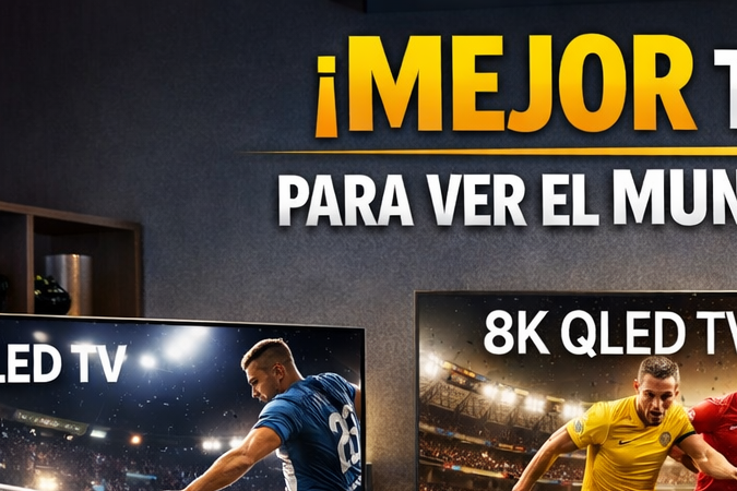 Varios televisores 4K y 8K en una sala moderna transmitiendo un partido de fútbol para ver el Mundial 2026 en casa