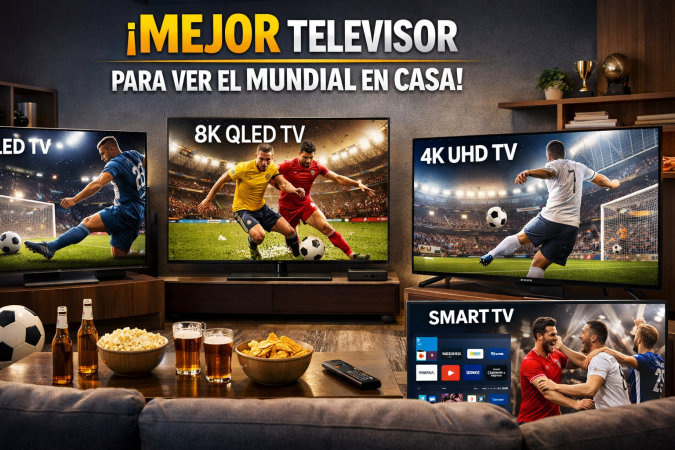 Varios televisores 4K y 8K en una sala moderna transmitiendo un partido de fútbol para ver el Mundial 2026 en casa