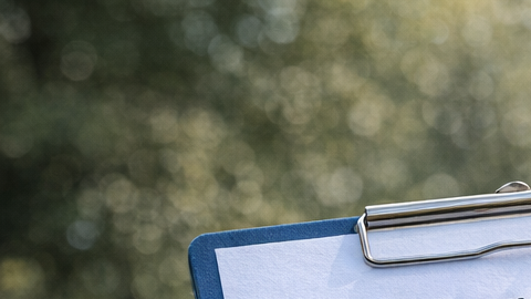 Documento de seguro de responsabilidad civil sostenido por un dueño mientras su perro está sentado en un parque.