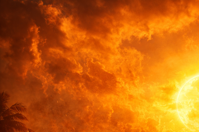 Persona caminando bajo un sol intenso durante una ola de calor extrema en una ciudad de Estados Unidos, con un termómetro marcando temperaturas muy altas.