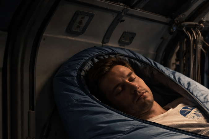 Astronauta durmiendo en un saco flotante dentro de una cápsula espacial sin gravedad