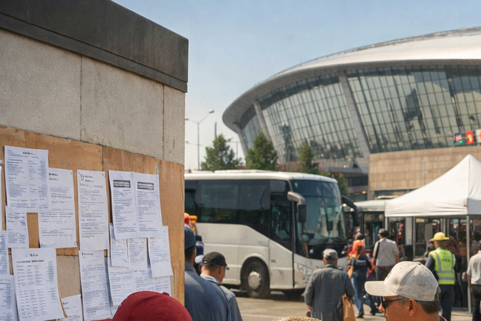 Personas buscan empleo temporal afuera de un estadio en Estados Unidos durante un torneo internacional mientras otros ingresan con credenciales.